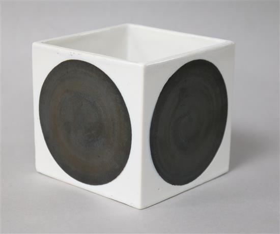 A Troika cube pot, decorators mark for Anne Lewis